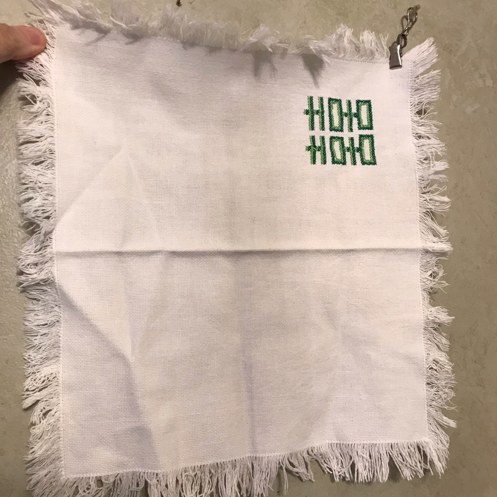 White Fringed 6- Napkins Cloth with Green Embroidery